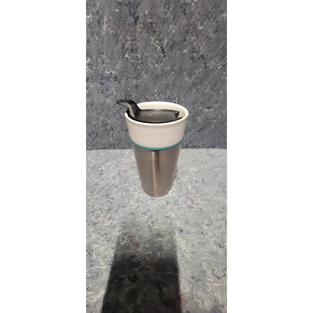 Starbucks 2014 Stainless Steel Ceramic w/Rubber Bottom Teal Ring 12oz Travel Mug